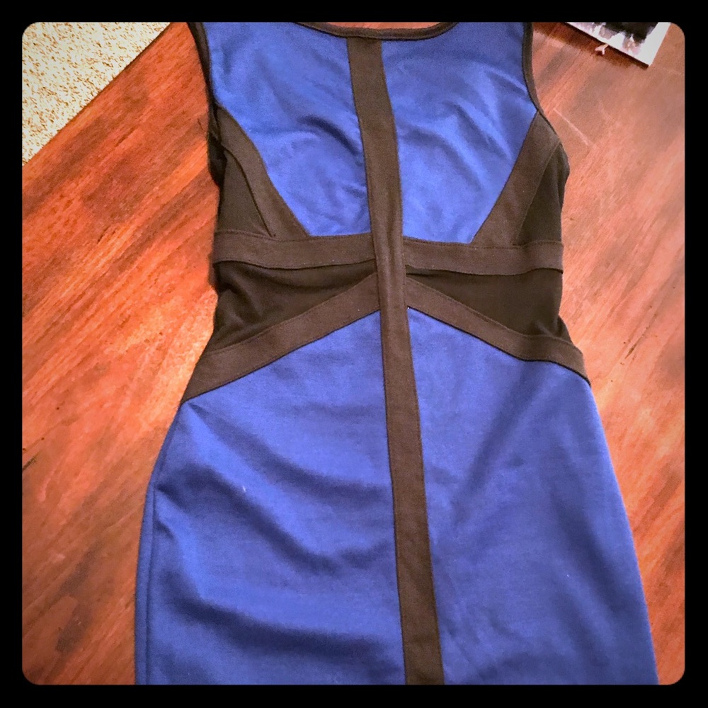 Blue mini fitted dress with sheer fabric